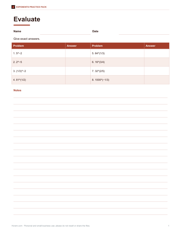 Preview of Negative and Fractional Exponents Worksheet